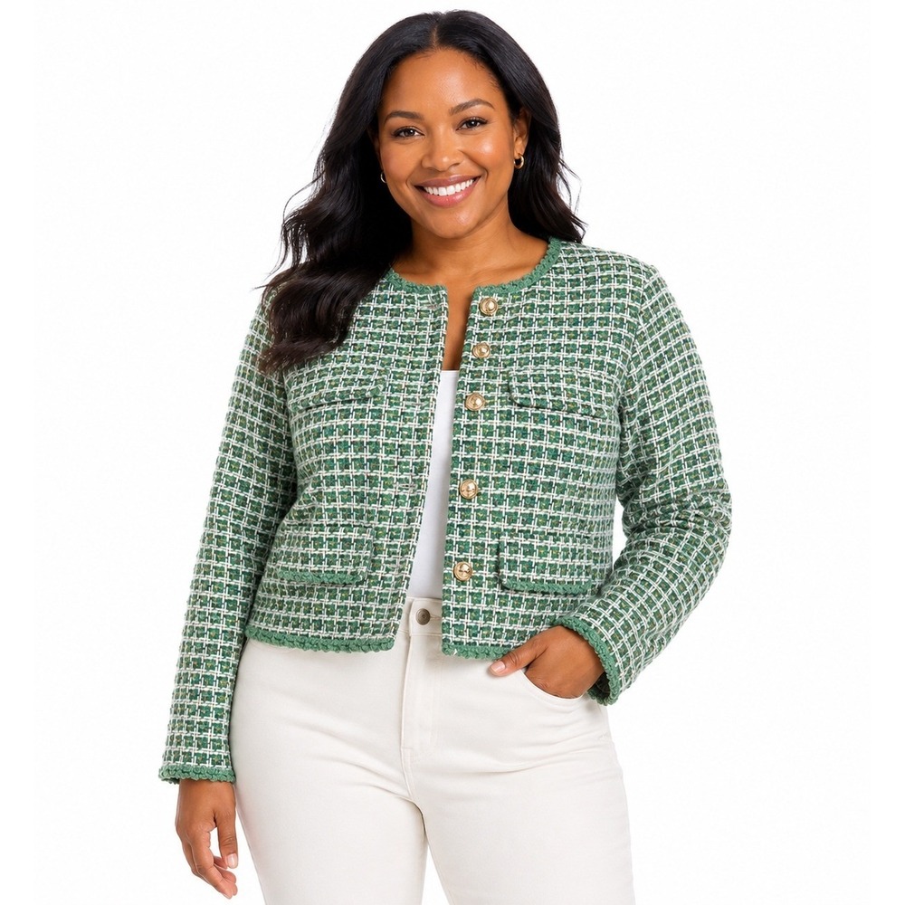 Walter Baker Harmony Jacket Valley Green Tweed Cropped Blazer Gold Button XL NEW